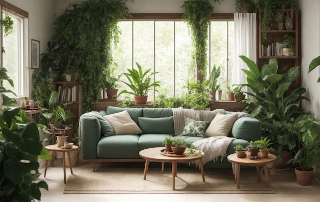 Un salon cosy avec beaucoup de plantes vertes