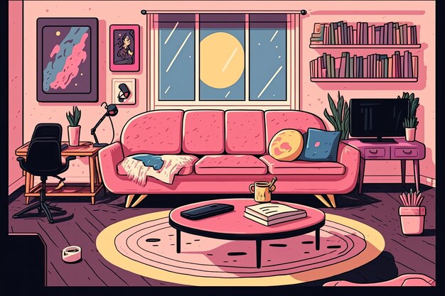 Salon cosy avec un canapé rose pastel comme pièce maîtresse Generative AI