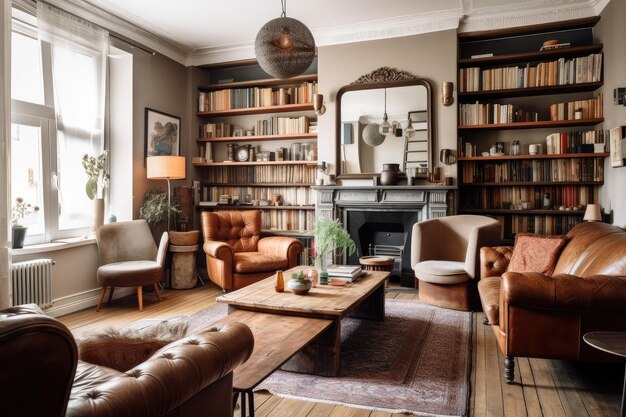 Salon cosy avec fauteuils en cuir, table basse en bois et étagères