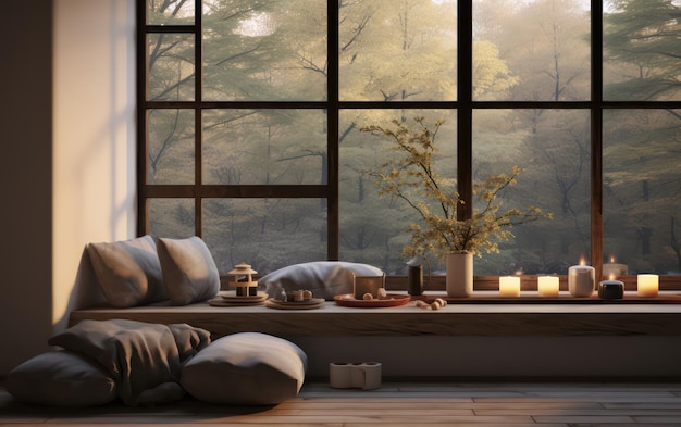 Un salon cosy et minimaliste avec un design intérieur à grandes fenêtres
