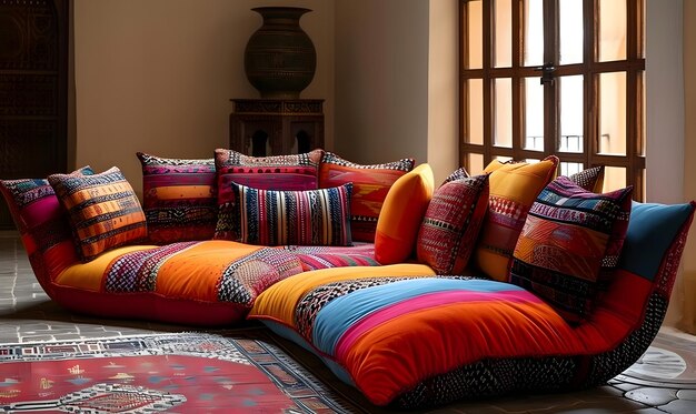 Photo salon coussiné de style marocain avec tissu à motifs