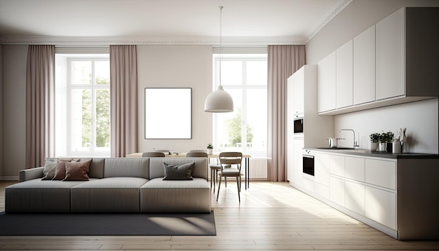 Salon et cuisine d'appartement blanc moderne avec grande fenêtre et décoration Generative AI