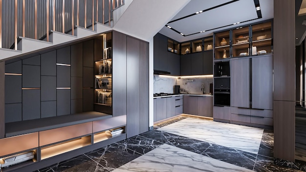 Salon et cuisine de luxe moderne rendu 3d avec design d'intérieur de salle à manger