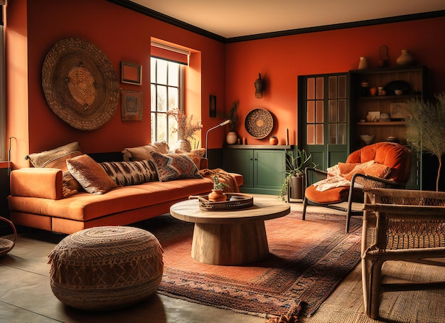 Un salon dans une chambre orange vif