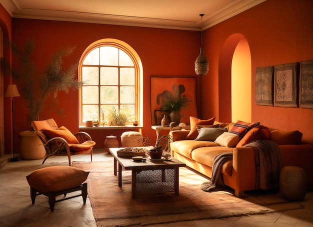 Un salon dans une chambre orange vif