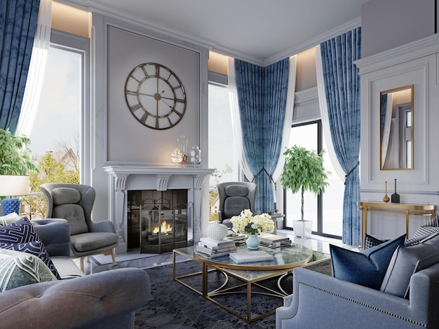 Salon dans un style classique avec des meubles rembourrés classiques à l'intérieur en rendu 3d blanc et bleu