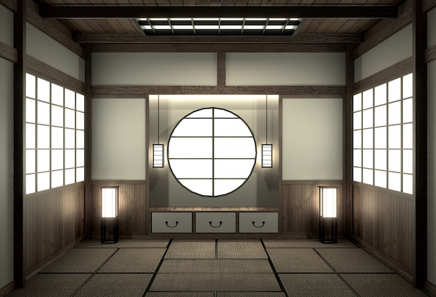 Salon de la décoration intérieure avec meuble à étagères et décoration style japon.