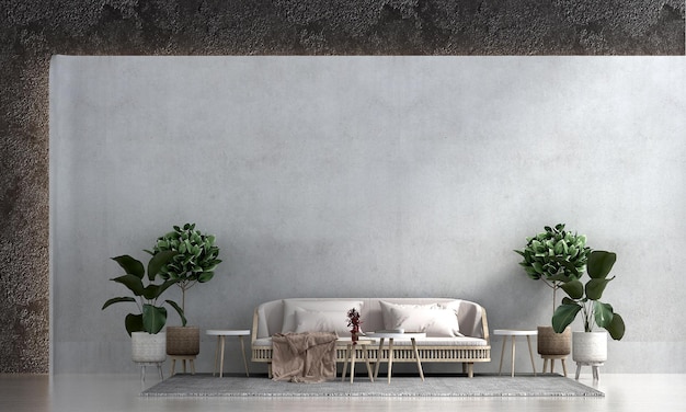 Le salon et la décoration des meubles simulent la conception et l'arrière-plan du mur en béton