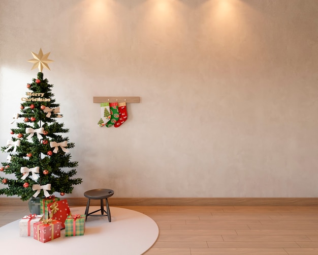 Salon avec décoration de Noël comprenant des cadeaux d'arbre de Noël et des chaussettes rendu 3d