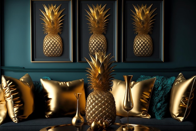 Salon avec décorations et accessoires dorés Ananas doré