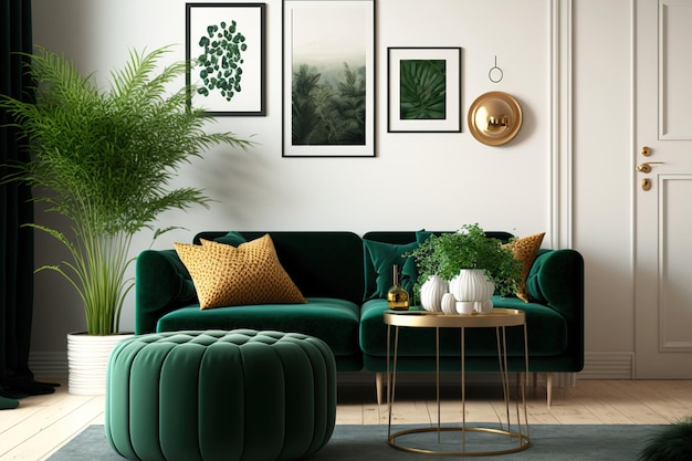 Salon décoré dans un style scandinave élégant avec un canapé en velours vert, un pouf doré, des meubles en bois, un tapis de plantes et de faux cadres d'affiches Modèle