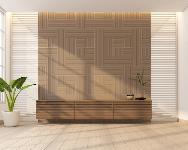 Salon décoré avec un meuble de télévision minimaliste, un mur à motifs en bois et une porte coulissante en lattes de bois