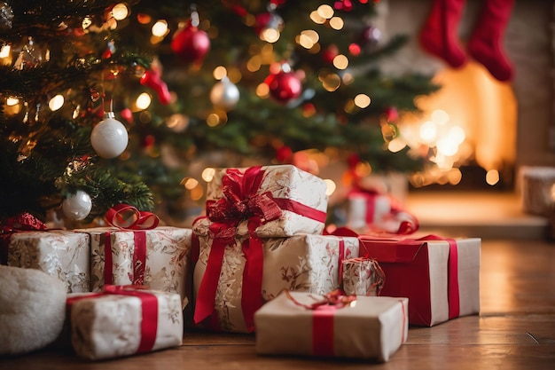 Salon décoré pour Noël avec cheminée arbre de Noël et ornements de Noël