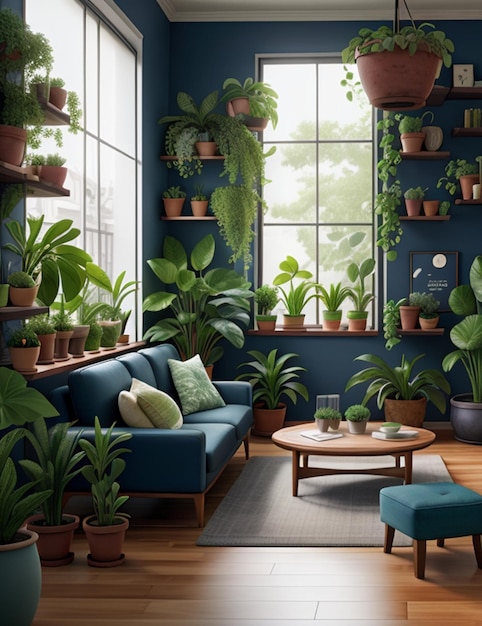 salon de design d'intérieur avec beaucoup de plantes