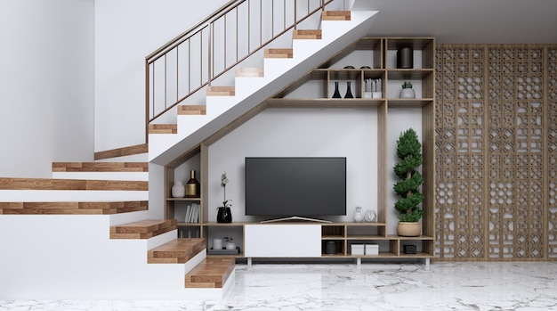 Salon design d'intérieur avec téléviseur sous l'escalier