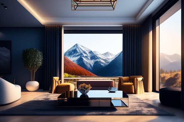 Un salon avec un design intérieur vue montagne