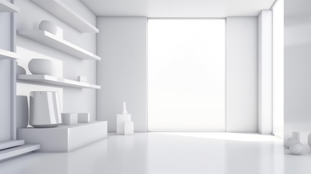 Salon de designer 3D avec des murs et un sol blancs