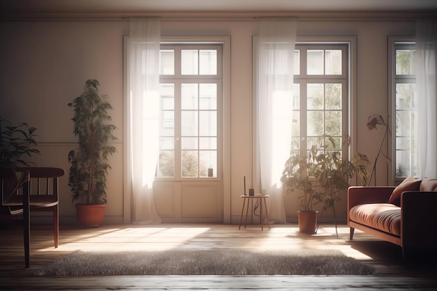 Un salon avec deux fenêtres et un canapé et une plante au sol.