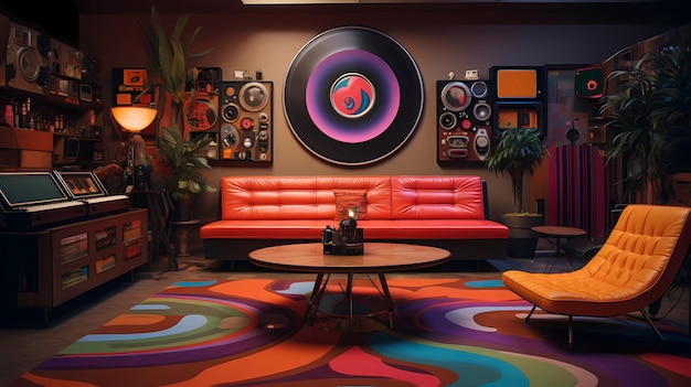 salon de disques avec mobilier rétro et décor psychédélique