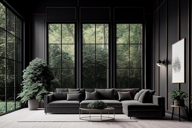 Salon élégant avec canapé noir et fenêtre panoramique vue sur la forêt d'été Generative AI