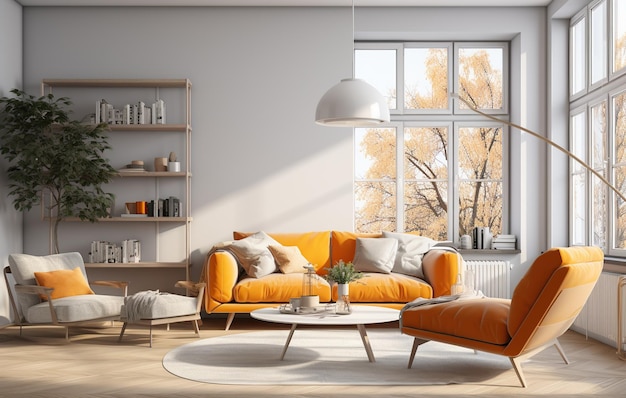 Salon élégant de couleur orange avec des plantes d'intérieur vertes, des canapés, un libraire et un bureau en bois