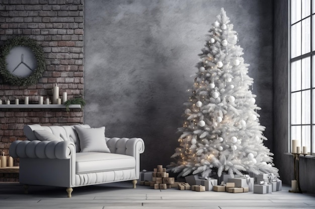 Salon élégant décoré pour les vacances d'hiver Intérieur confortable avec fond de sapin de Noël festif Nouvel An