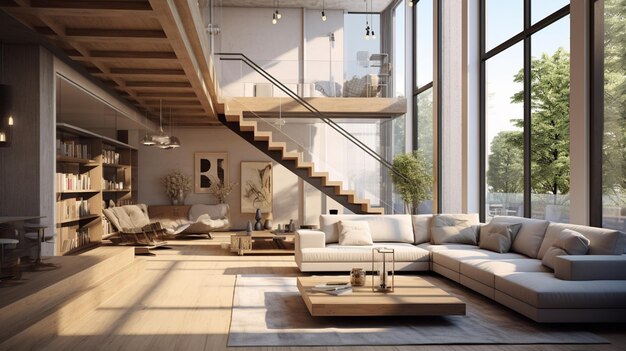 Un salon élégant avec un grand canapé, de nombreuses fenêtres et des escaliers dans un appartement incroyable.