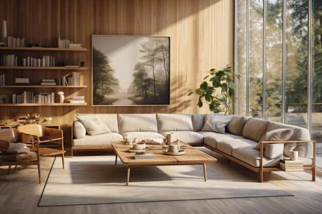 Photo salon élégant avec mur d'accent en bois étagères intégrées table à café et canapé modulaire