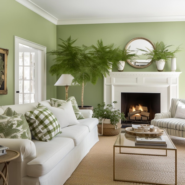 Un salon élégant avec des murs verts et des meubles blancs.