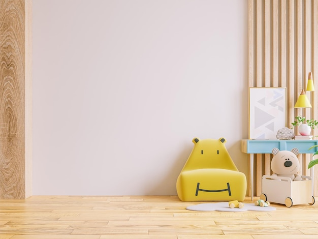 Salon des enfants Il y a un fauteuil jaune et un mur blanc. Rendu 3D