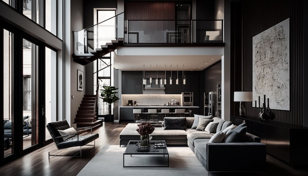 Un salon avec un escalier et un canapé avec une table basse et un tapis noir et blanc.
