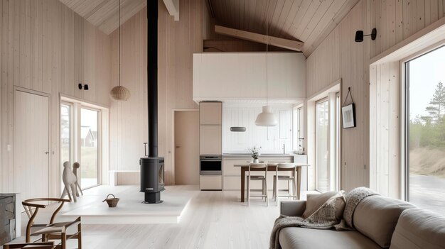 Le salon est décoré dans un style moderne avec des murs blancs et des planchers en bois clair