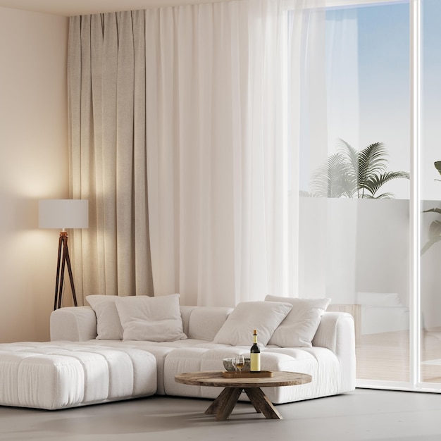 Salon d'été décontracté à l'atmosphère beige avec terrasse et palmiers exotiques rendu 3d