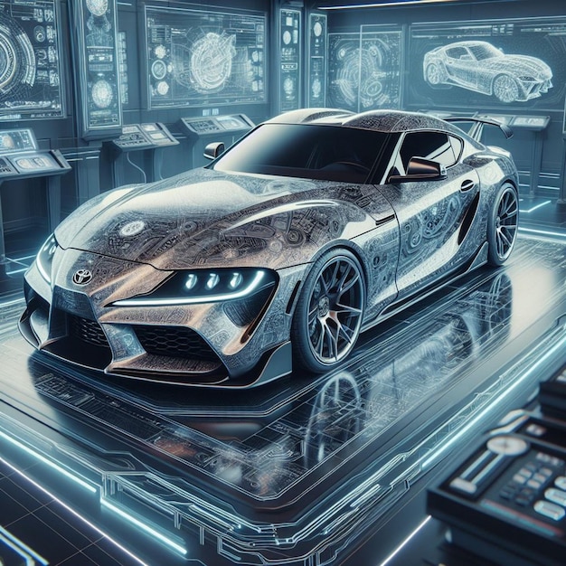 Salon d'exposition futuriste Toyota supra mk5 dévoilé dans un havre de haute technologie avec des écrans holographiques