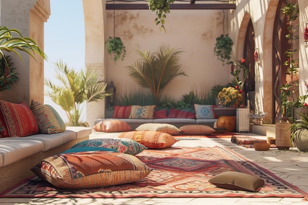 Salon extérieur d'inspiration marocaine avec coussin de sol