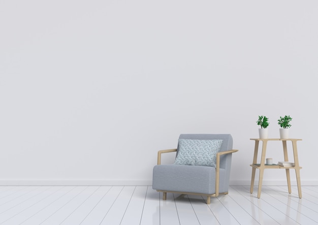 Salon Avec Fauteuil Gris Et Plante Sur Fond De Mur Blanc. Rendu 3d.