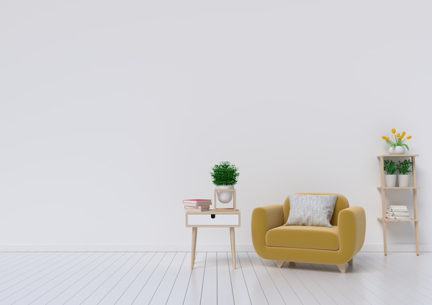 Salon avec fauteuil en tissu jaune, livre et plantes sur fond de mur blanc vide.