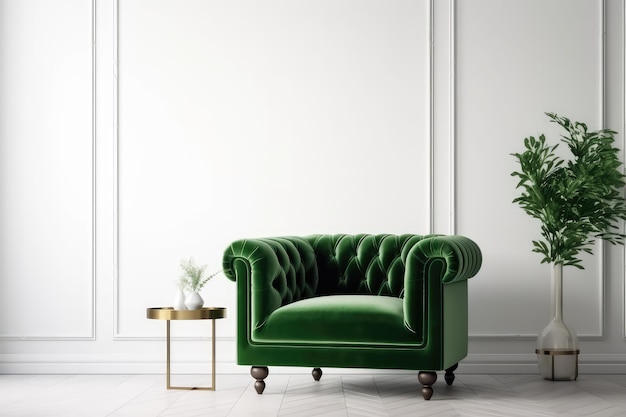 Salon avec fauteuil vert et canapé vert