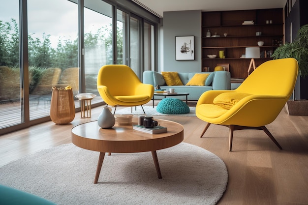 Un salon avec des fauteuils jaunes et une table basse avec une grande fenêtre derrière.