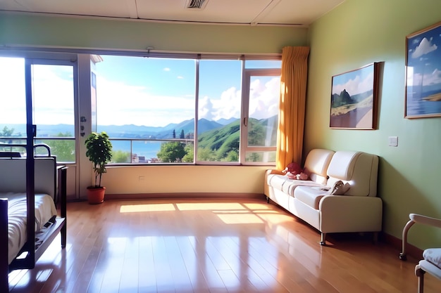 Photo un salon avec une fenêtre qui a une vue sur les montagnes et l'océan.