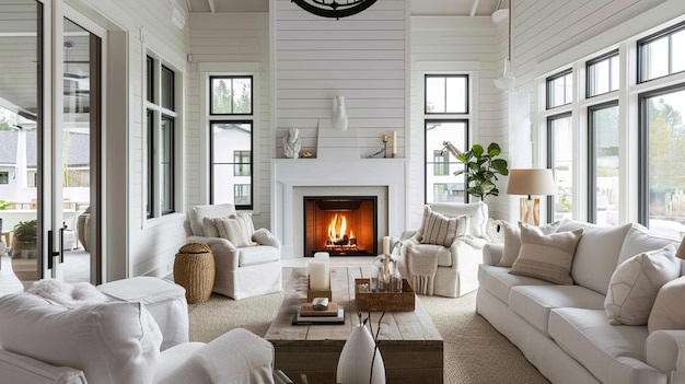 salon de ferme moderne avec cheminée meubles blancs apparence douce et aérée génératif Ai