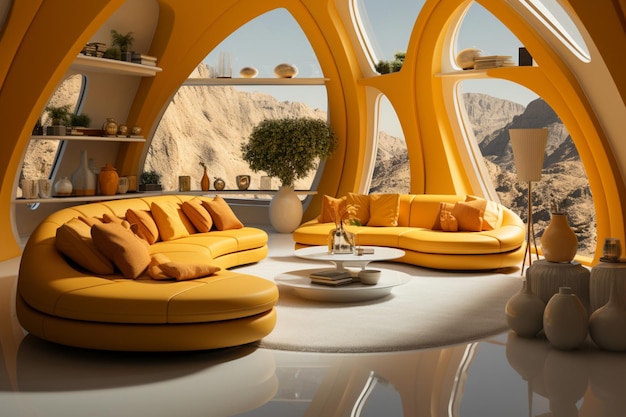 Salon futuriste avec concept bohème futuriste et couleur jaune