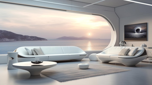 Un salon futuriste avec vue sur la mer.