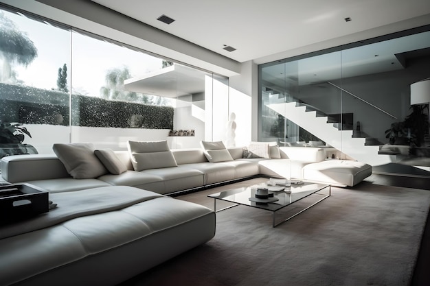 Un salon avec un grand canapé blanc et un mur de verre