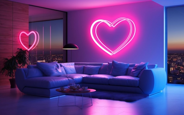 Un salon avec un grand canapé et un cœur au néon sur le mur AI