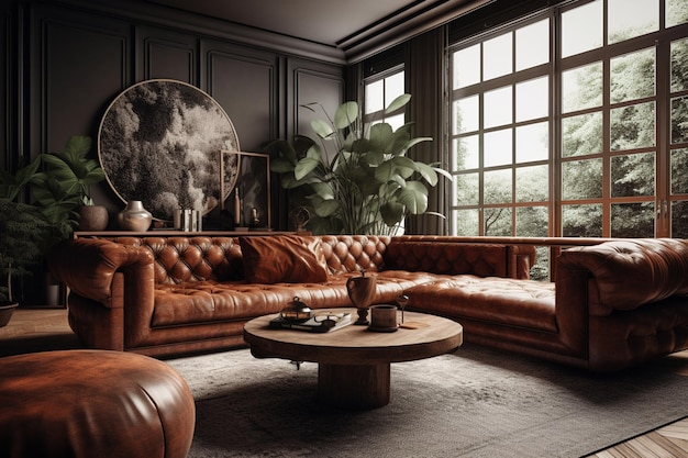 Un salon avec un grand canapé en cuir et une grande fenêtre avec une plante dessus.
