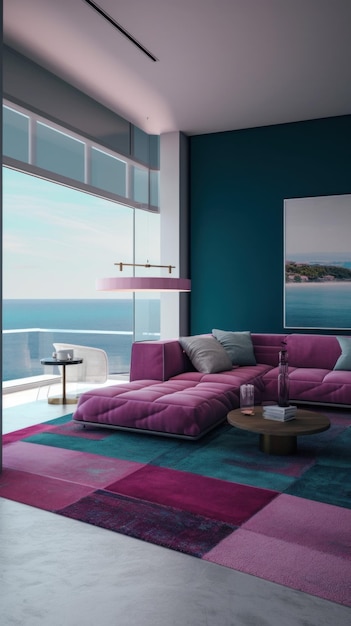 Un salon avec un grand canapé violet et une table basse Image AI générative