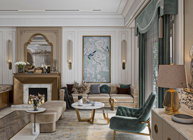 Un salon avec un grand tableau représentant un oiseau bleu au mur