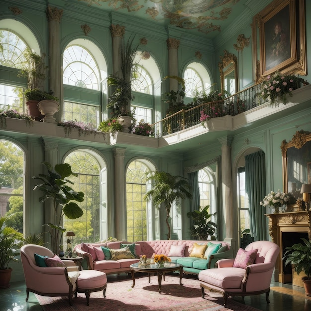 Un salon avec une grande fenêtre et un canapé avec un oreiller rose et or