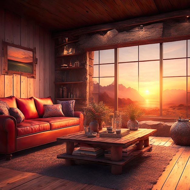 Un salon avec une grande fenêtre qui a un coucher de soleil en arrière-plan